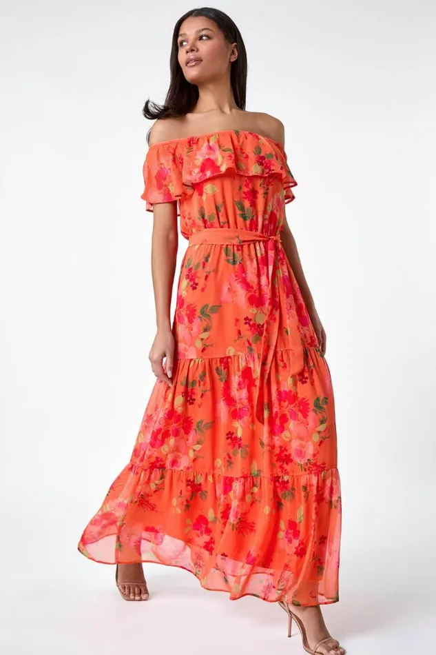 Orange Floral Tiered Bardot Belted Dress Women Roman Dresses