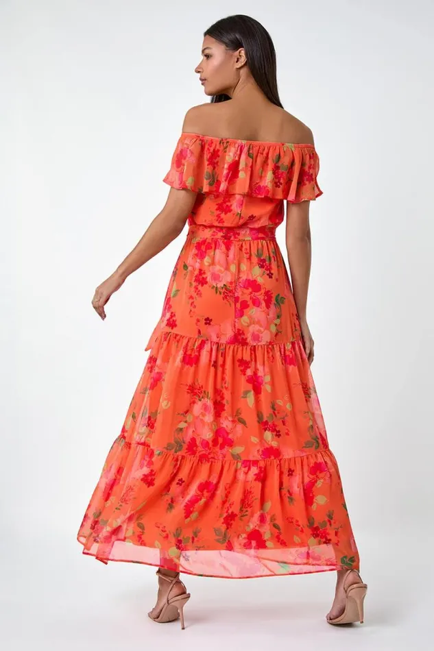 Orange Floral Tiered Bardot Belted Dress Women Roman Dresses
