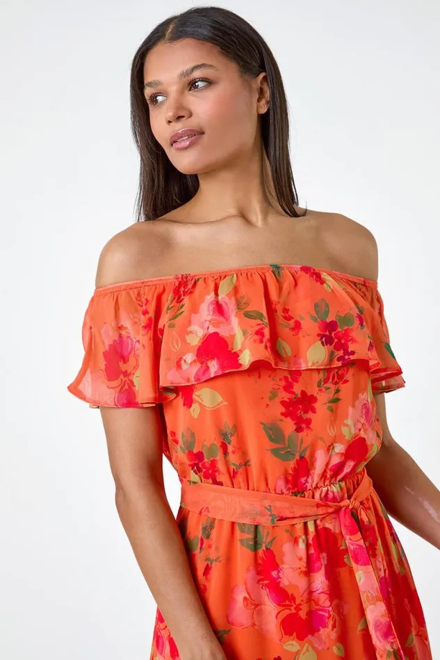 Orange Floral Tiered Bardot Belted Dress Women Roman Dresses