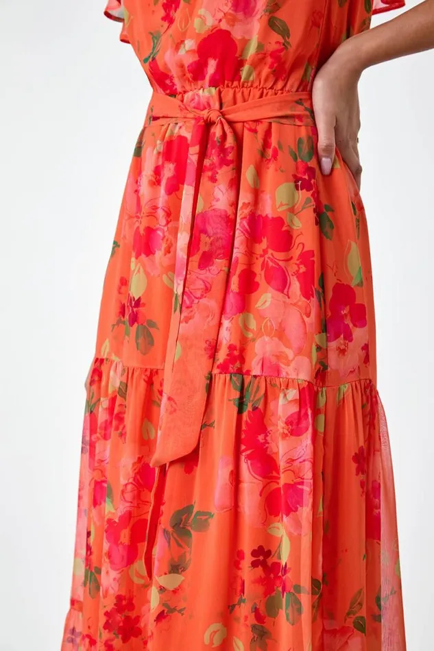 Orange Floral Tiered Bardot Belted Dress Women Roman Dresses