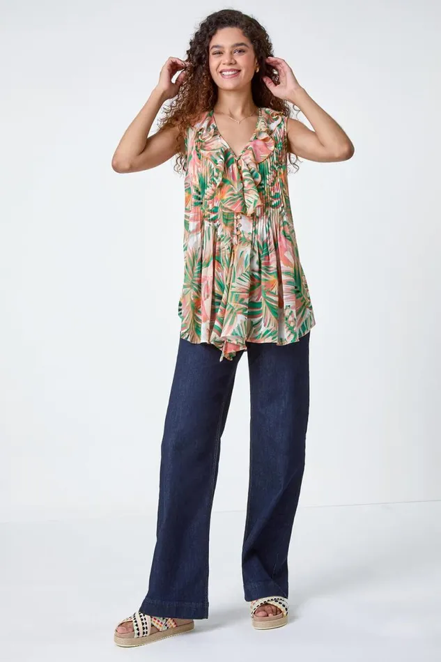 Orange Leaf Print Frill Pintuck Detail Top Women Roman Tops