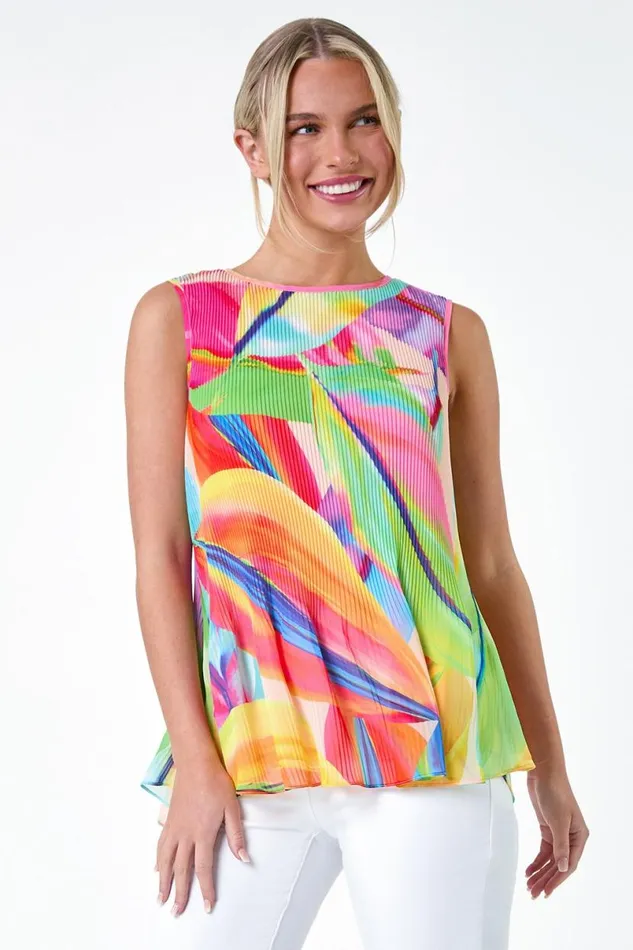 Orange Petite Abstract Pleated Vest Top Women Roman Tops