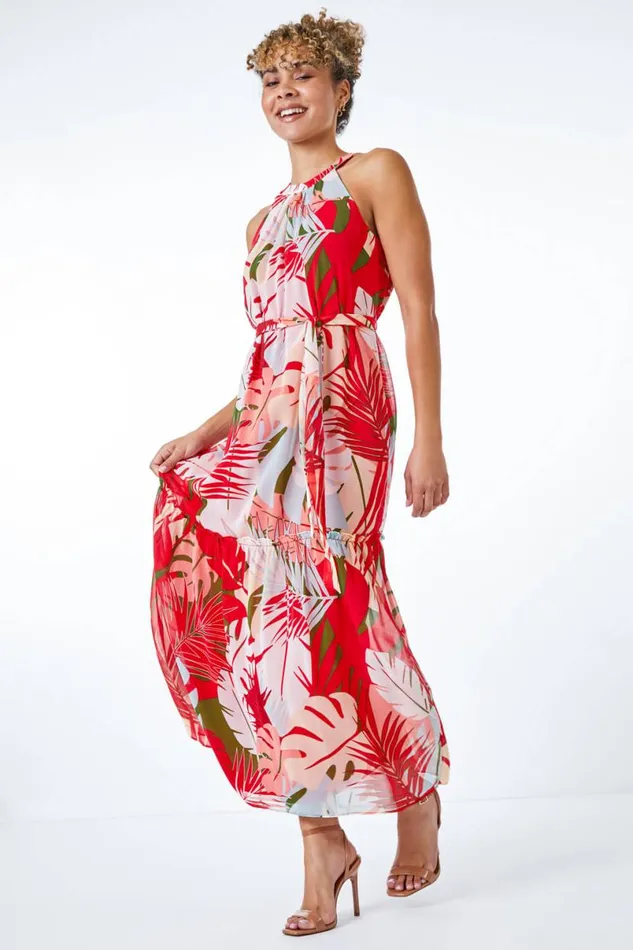 Orange Petite Tropical Print Chiffon Tiered Dress Women Roman Dresses