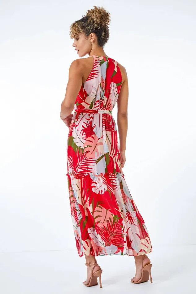 Orange Petite Tropical Print Chiffon Tiered Dress Women Roman Dresses