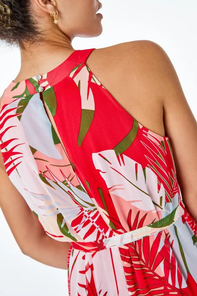 Orange Petite Tropical Print Chiffon Tiered Dress Women Roman Dresses