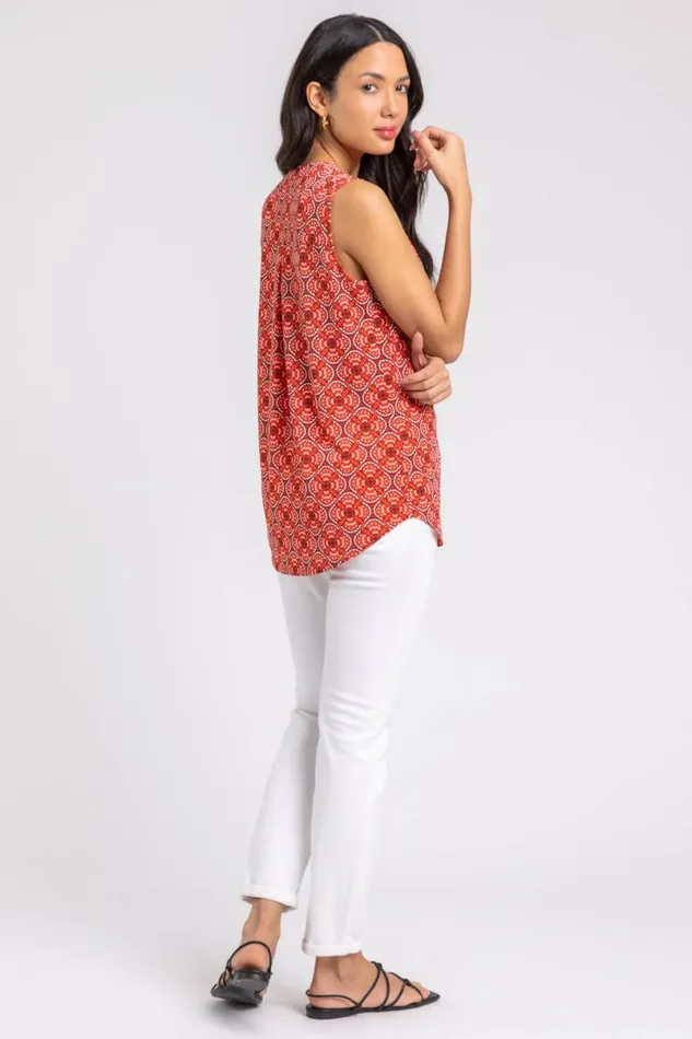 Orange Textured Geo Print Notch Neck Top Women Roman Tops
