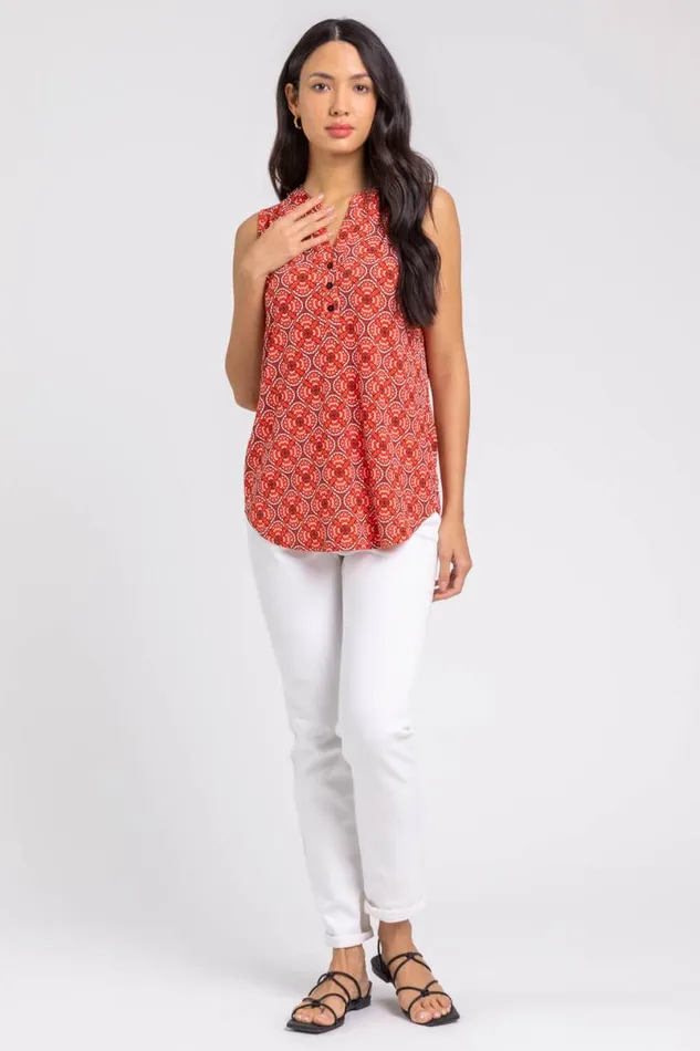 Orange Textured Geo Print Notch Neck Top Women Roman Tops