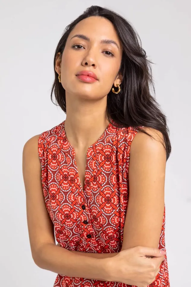 Orange Textured Geo Print Notch Neck Top Women Roman Tops