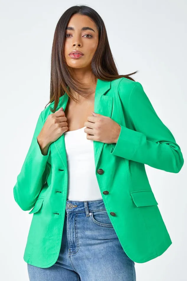 Pale Green Button Detail Stretch Blazer Women Roman Jackets