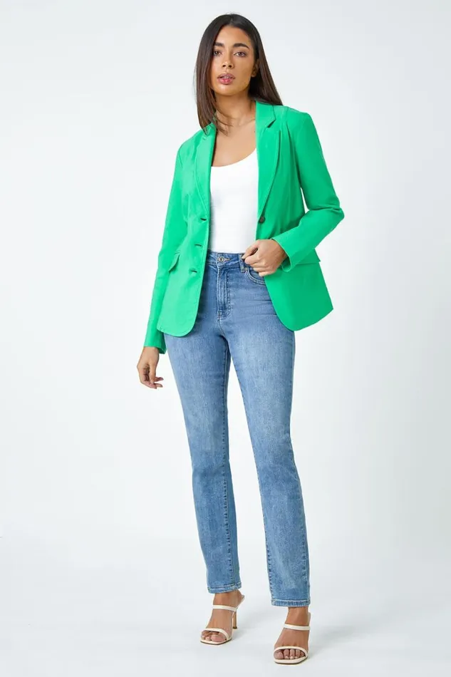 Pale Green Button Detail Stretch Blazer Women Roman Jackets