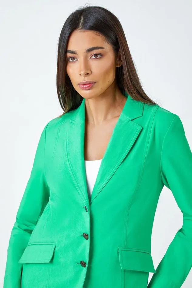 Pale Green Button Detail Stretch Blazer Women Roman Jackets