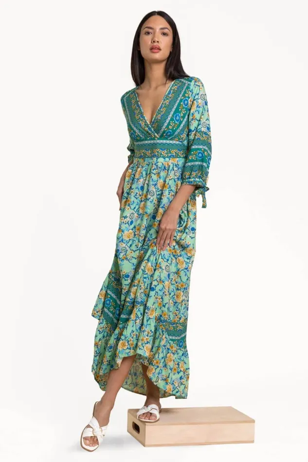Pea Green Floral Border Print Maxi Dress Women Roman Dresses