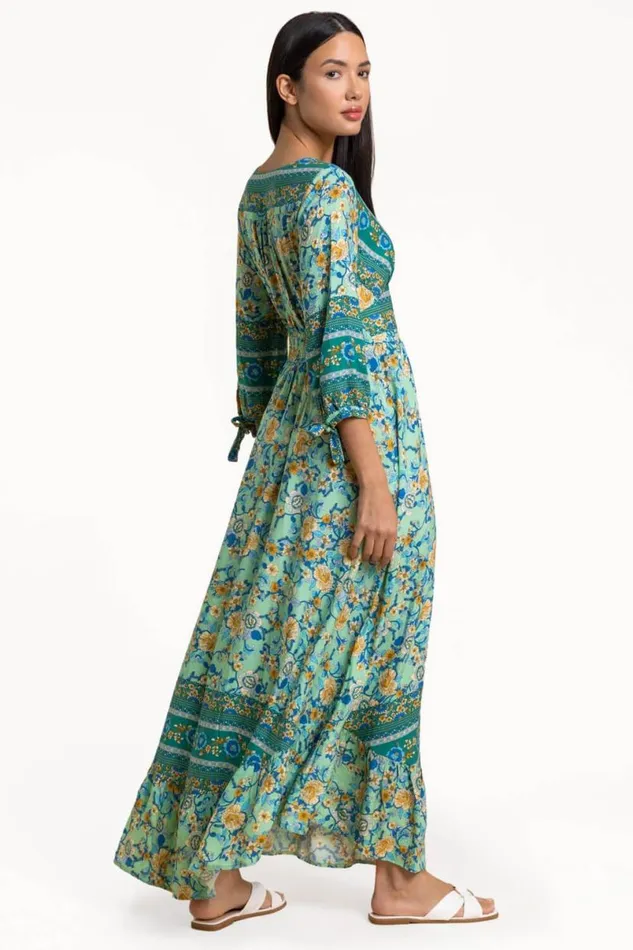 Pea Green Floral Border Print Maxi Dress Women Roman Dresses