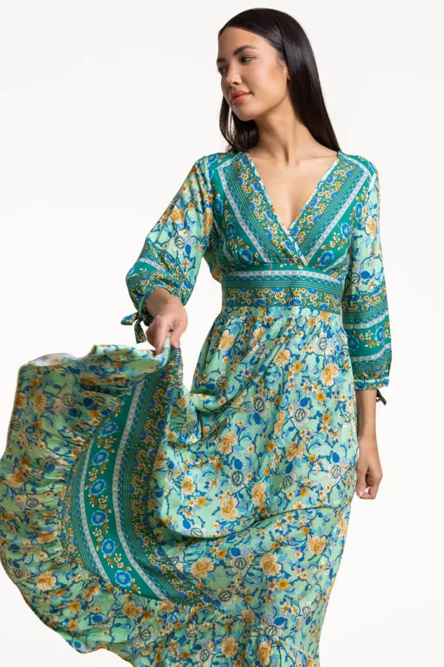 Pea Green Floral Border Print Maxi Dress Women Roman Dresses