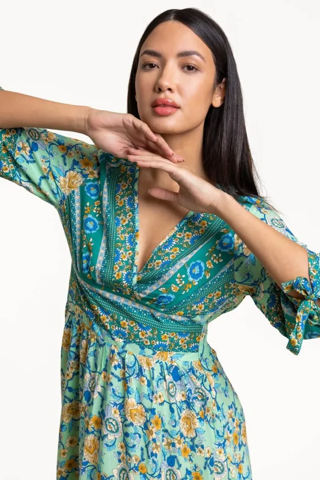 Pea Green Floral Border Print Maxi Dress Women Roman Dresses