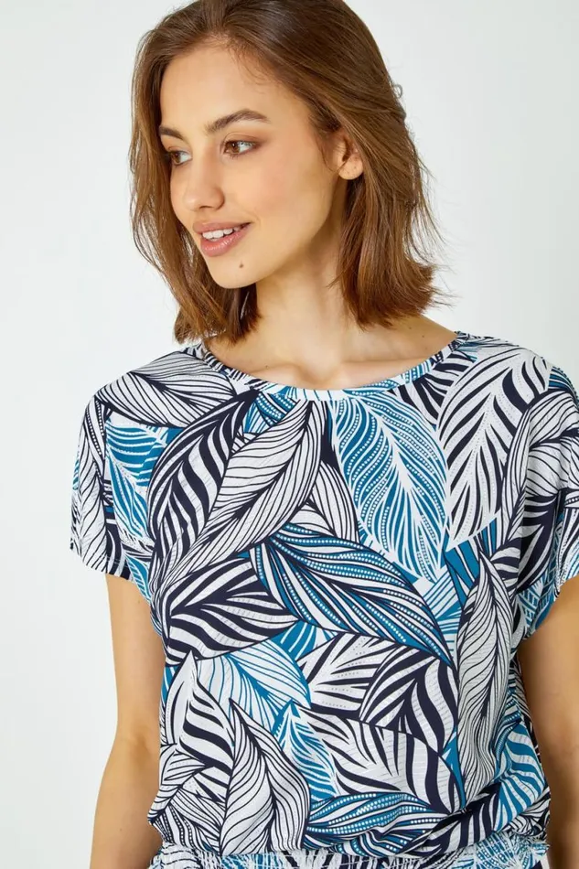 Petrol Blue Metallic Leaf Print Stretch Top Women Roman Tops