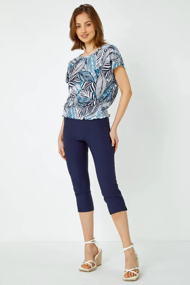 Petrol Blue Metallic Leaf Print Stretch Top Women Roman Tops