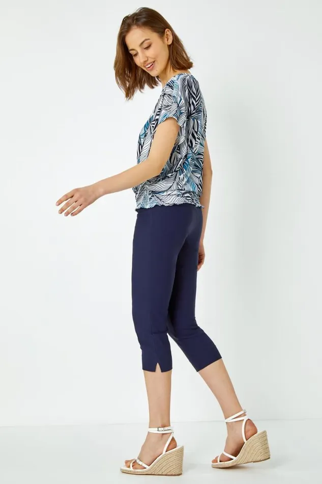 Petrol Blue Metallic Leaf Print Stretch Top Women Roman Tops