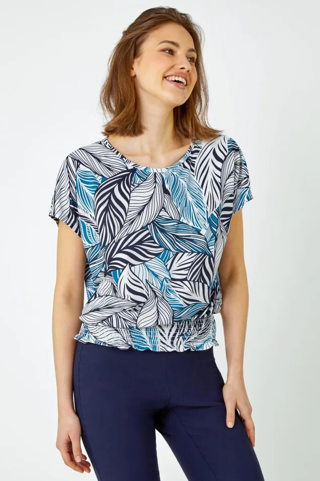 Petrol Blue Metallic Leaf Print Stretch Top Women Roman Tops