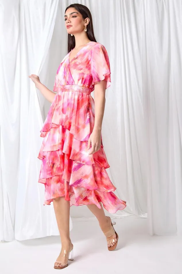 Pink Abstract Print Chiffon Tiered Midi Dress Women Roman Dresses