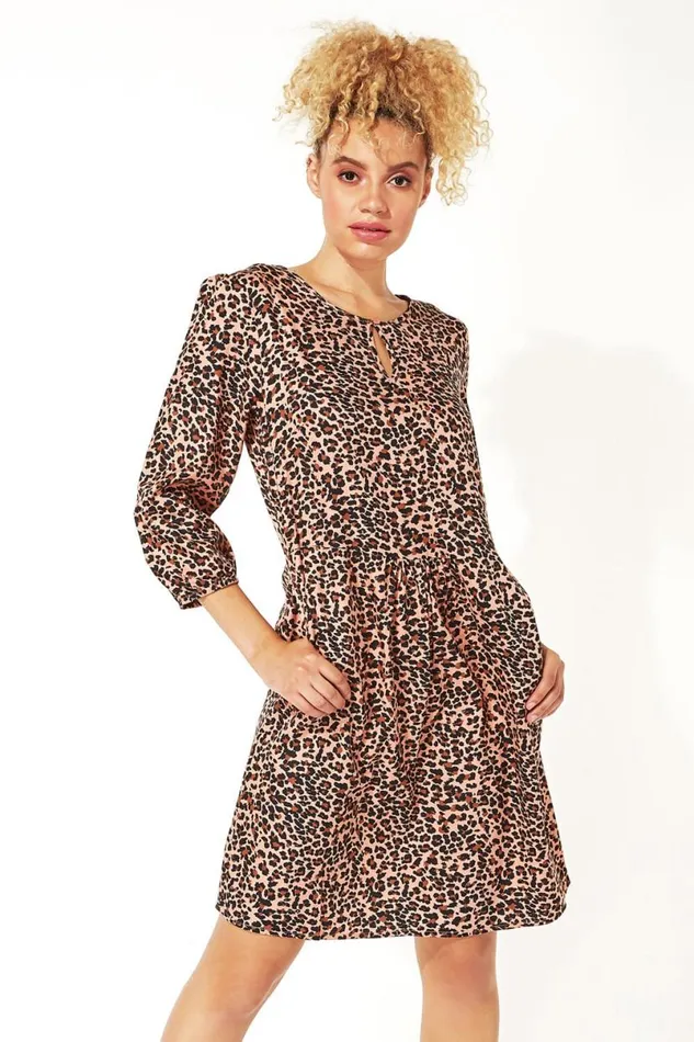 Pink Animal Print 34 Sleeve Tunic Dress Women Roman Dresses