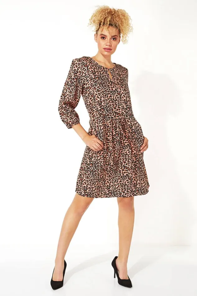 Pink Animal Print 34 Sleeve Tunic Dress Women Roman Dresses