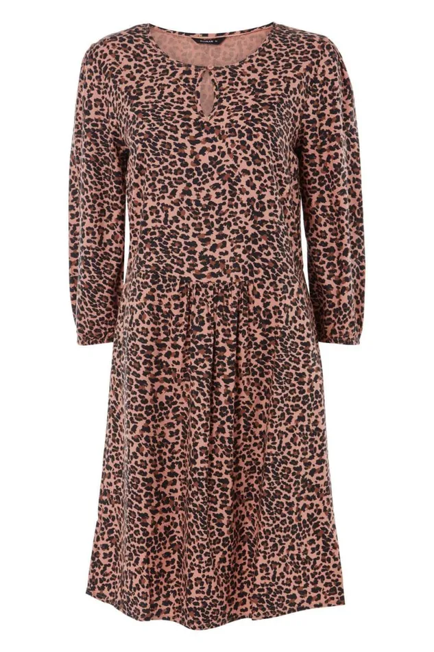 Pink Animal Print 34 Sleeve Tunic Dress Women Roman Dresses