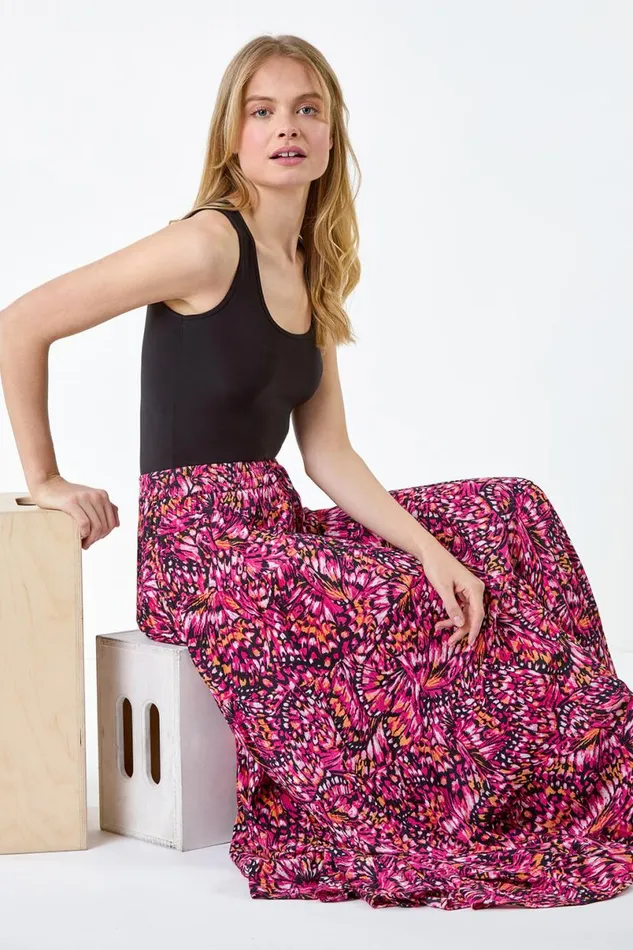 Pink Butterfly Crinkle Tiered Maxi Skirt Women Roman Skirts