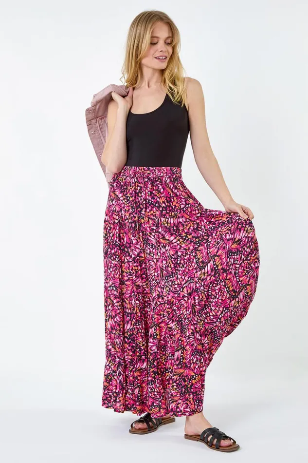 Pink Butterfly Crinkle Tiered Maxi Skirt Women Roman Skirts