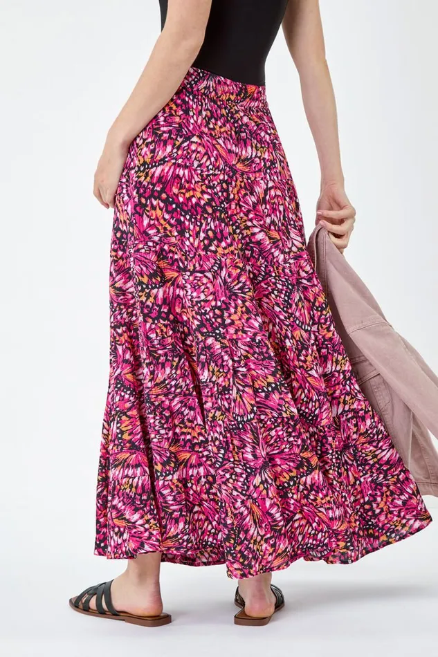 Pink Butterfly Crinkle Tiered Maxi Skirt Women Roman Skirts