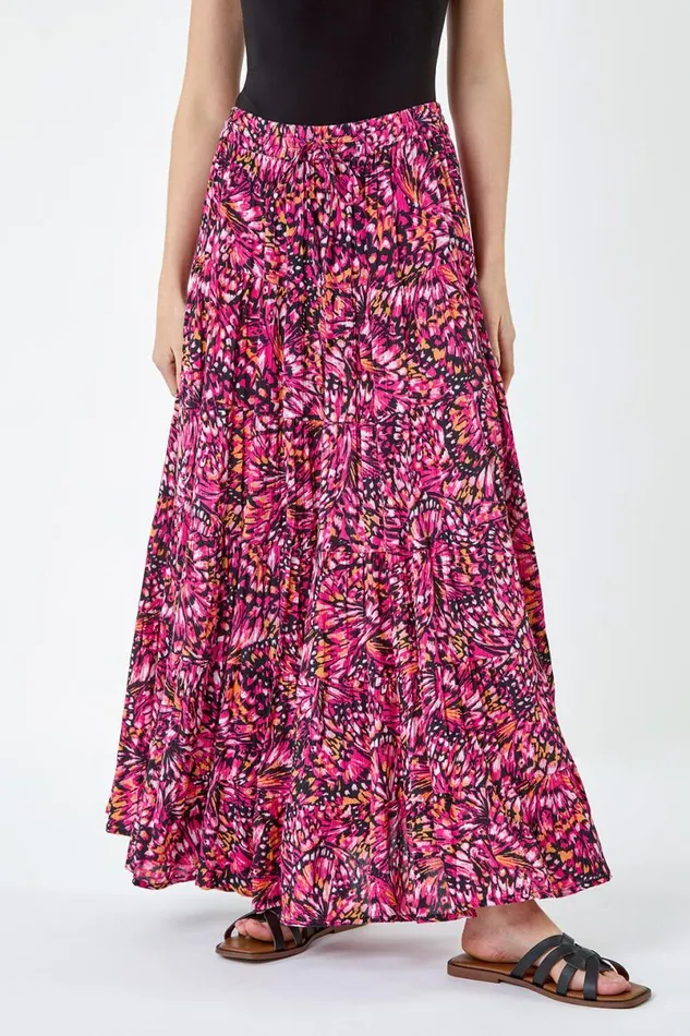 Pink Butterfly Crinkle Tiered Maxi Skirt Women Roman Skirts