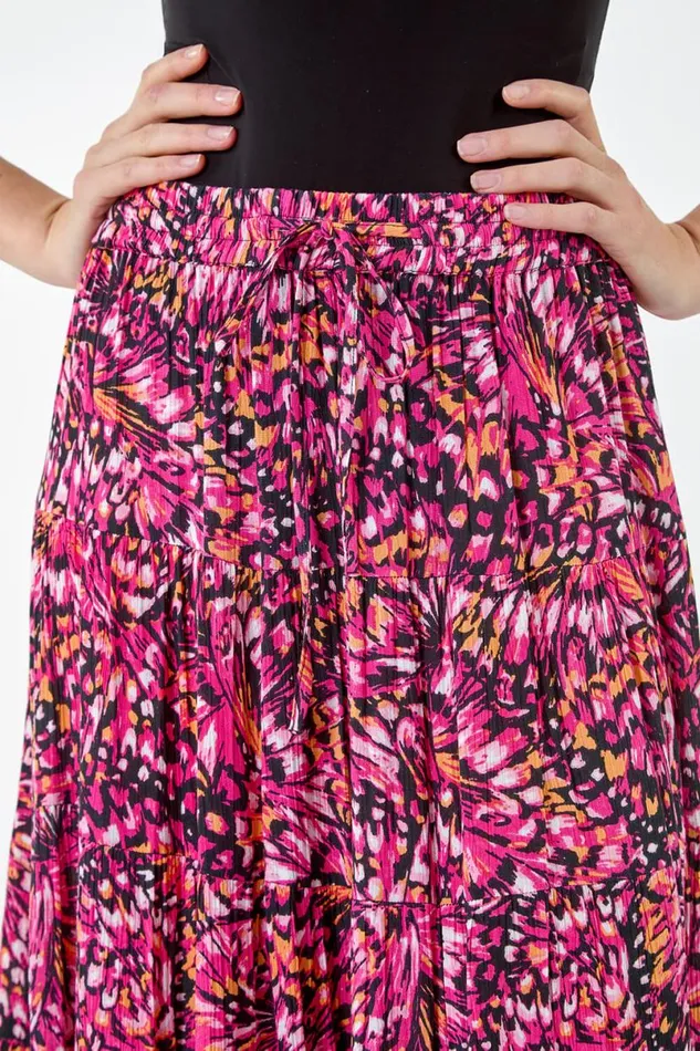 Pink Butterfly Crinkle Tiered Maxi Skirt Women Roman Skirts