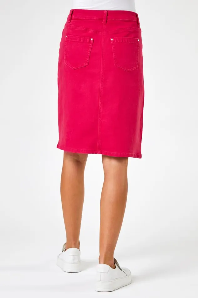 Pink Cotton Denim Stretch A Line Skirt Women Roman Skirts