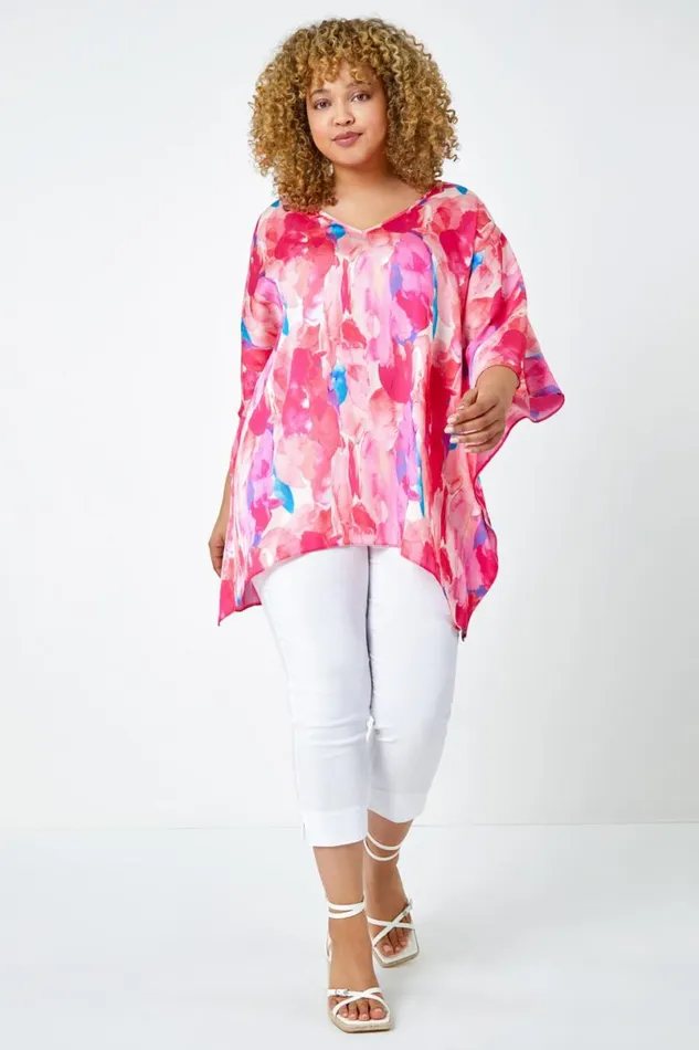 Pink Curve Abstract Print Relaxed VNeck Top Women Roman Tops