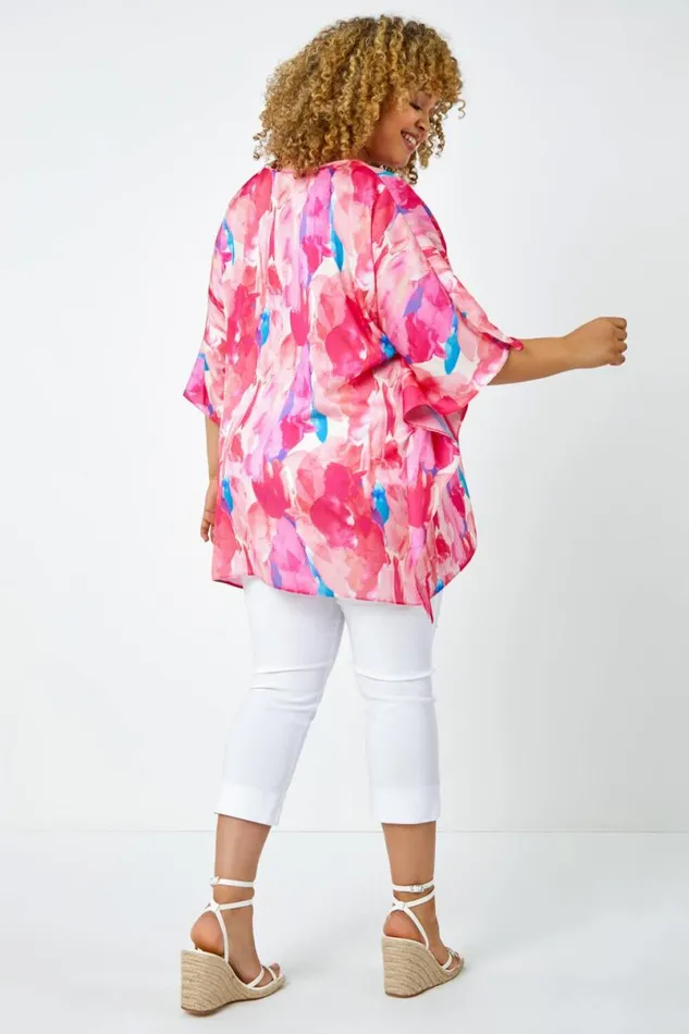 Pink Curve Abstract Print Relaxed VNeck Top Women Roman Tops