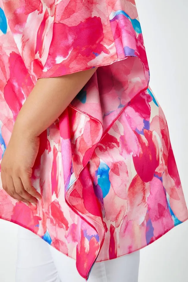Pink Curve Abstract Print Relaxed VNeck Top Women Roman Tops