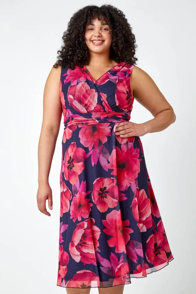 Pink Curve Floral Print Mesh Wrap Dress Women Roman Dresses