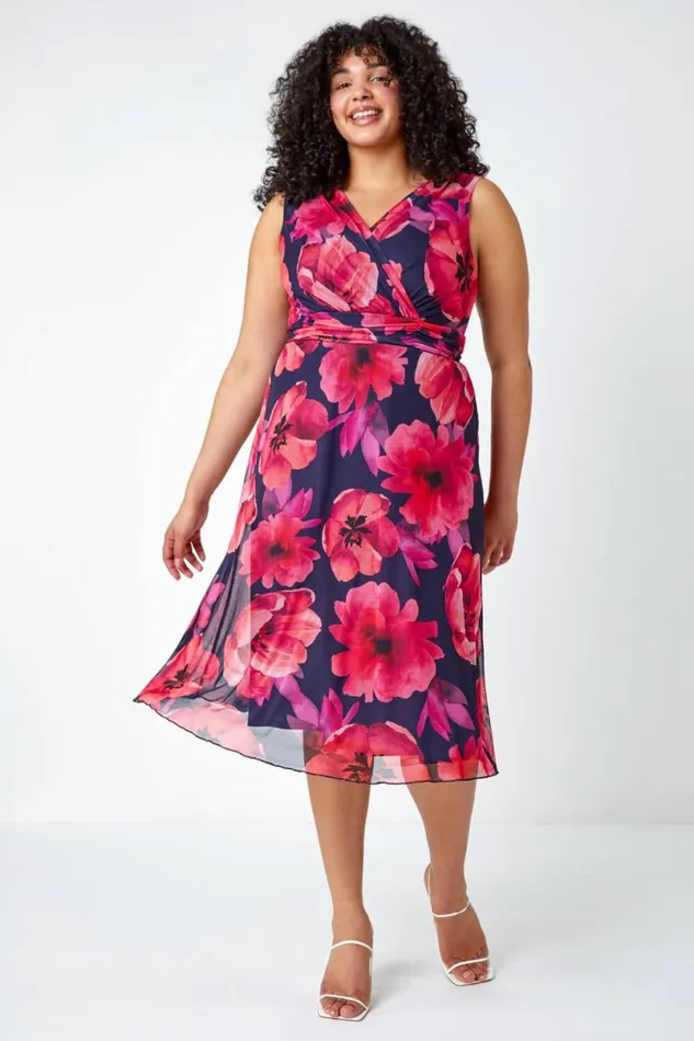 Pink Curve Floral Print Mesh Wrap Dress Women Roman Dresses