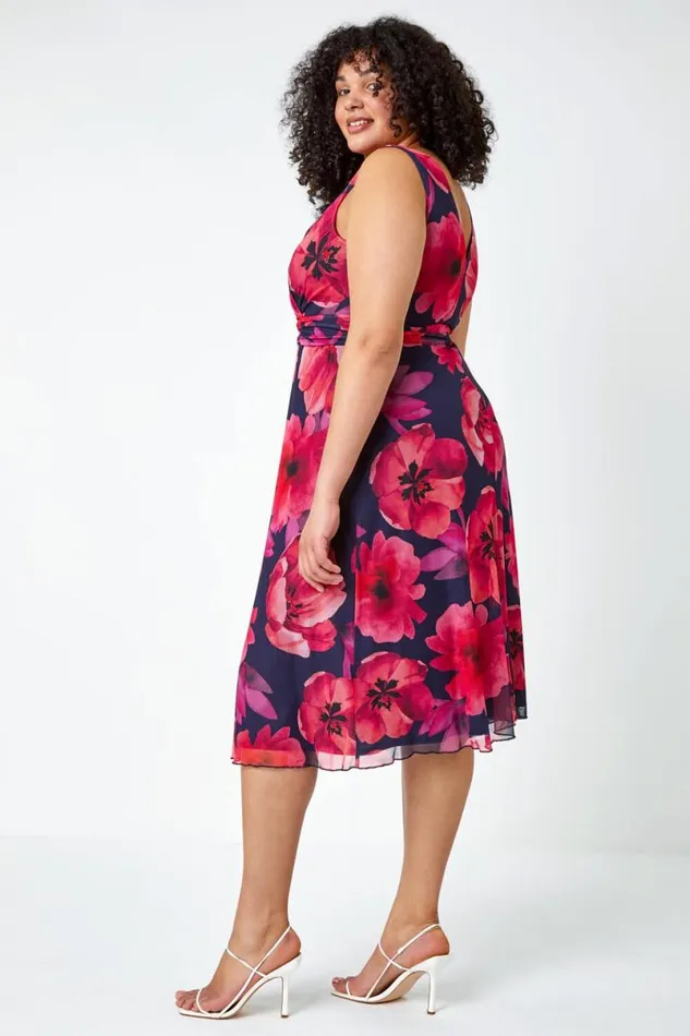 Pink Curve Floral Print Mesh Wrap Dress Women Roman Dresses