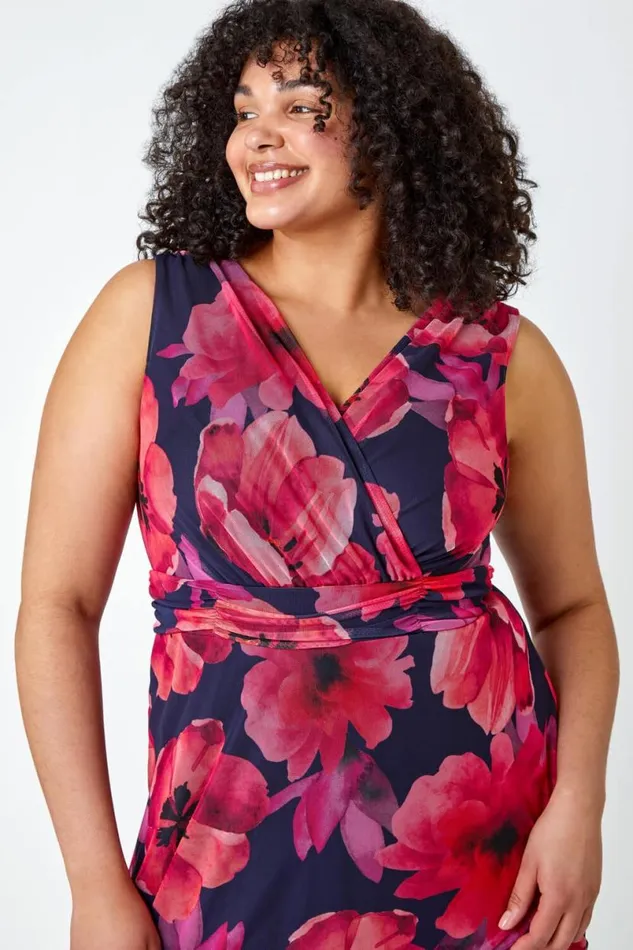 Pink Curve Floral Print Mesh Wrap Dress Women Roman Dresses