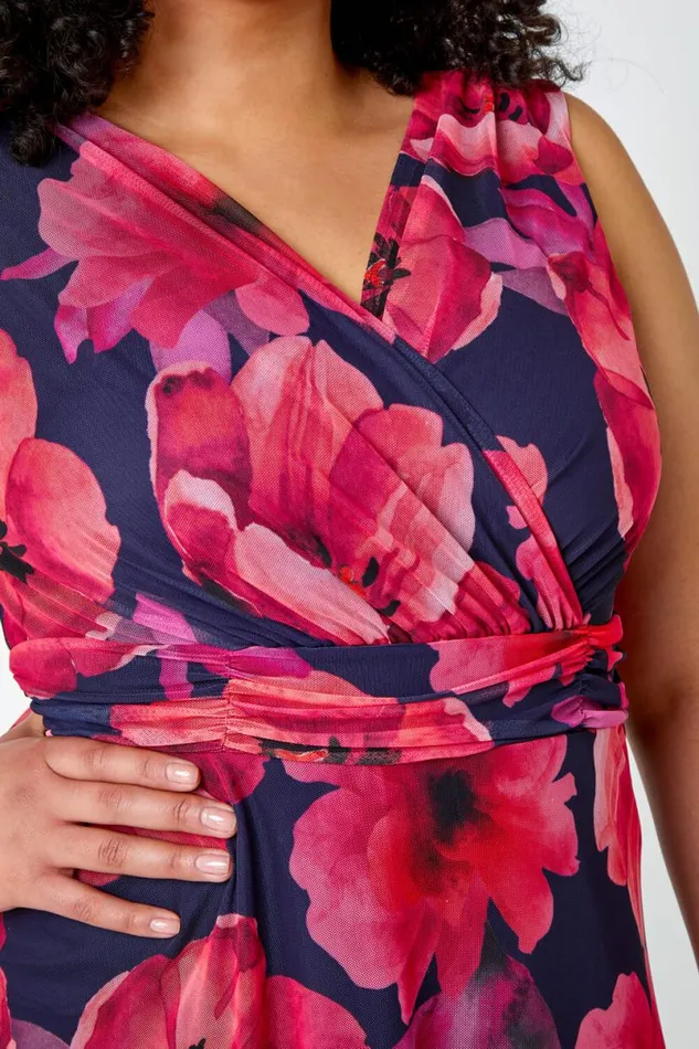 Pink Curve Floral Print Mesh Wrap Dress Women Roman Dresses