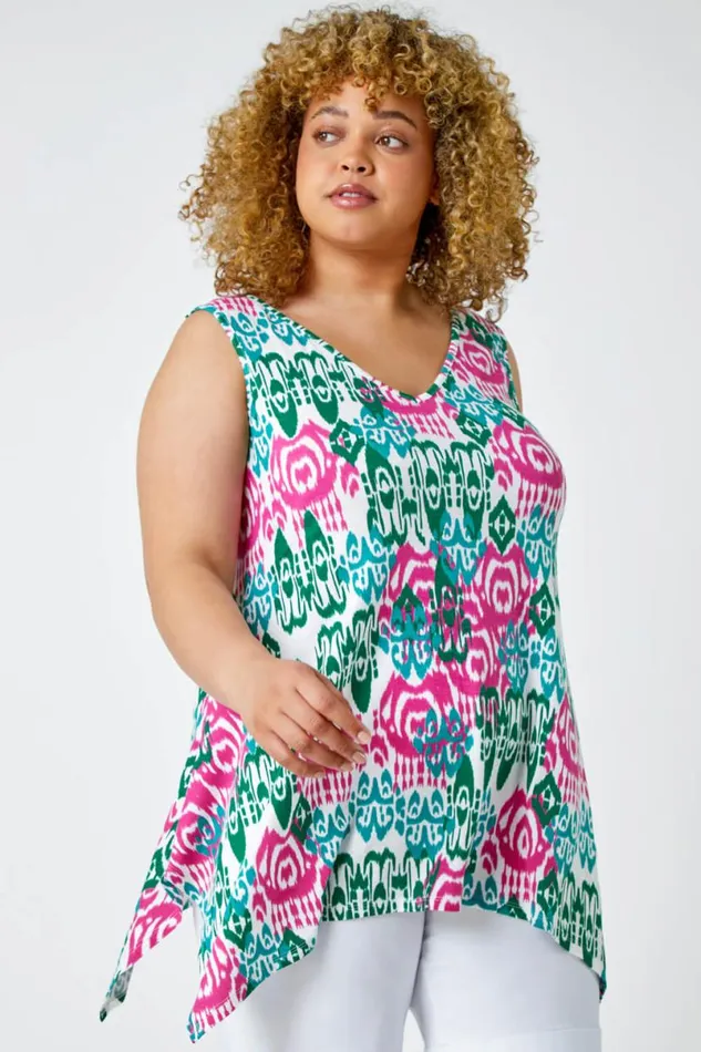 Pink Curve Geometric Print Cross Strap VNeck Cami Women Roman Tops