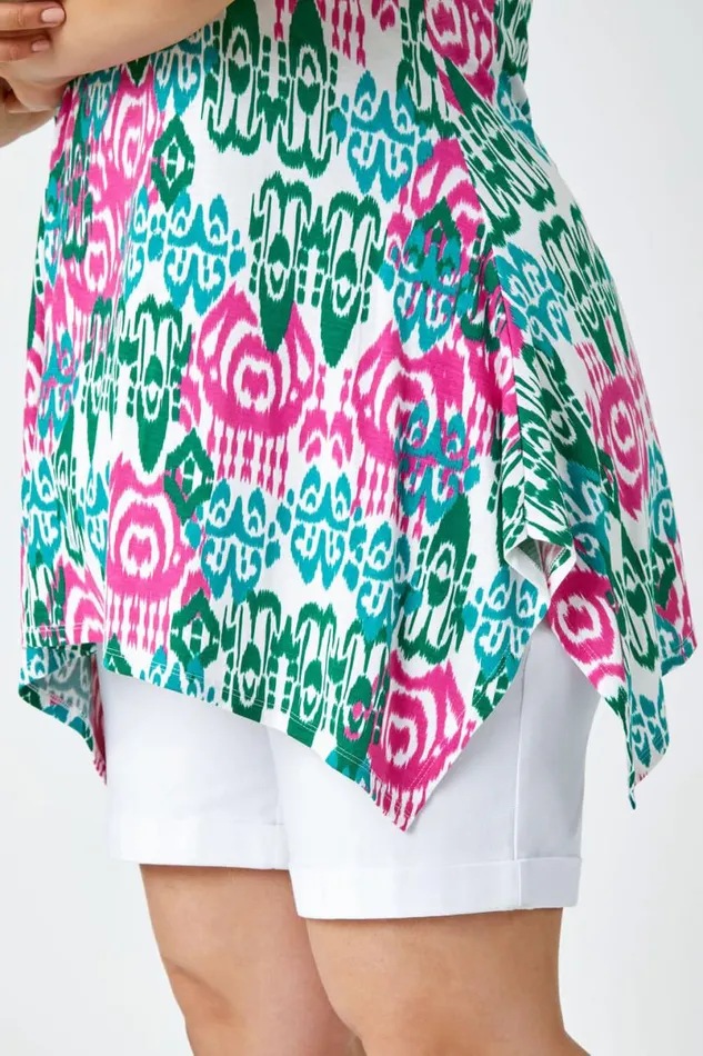 Pink Curve Geometric Print Cross Strap VNeck Cami Women Roman Tops
