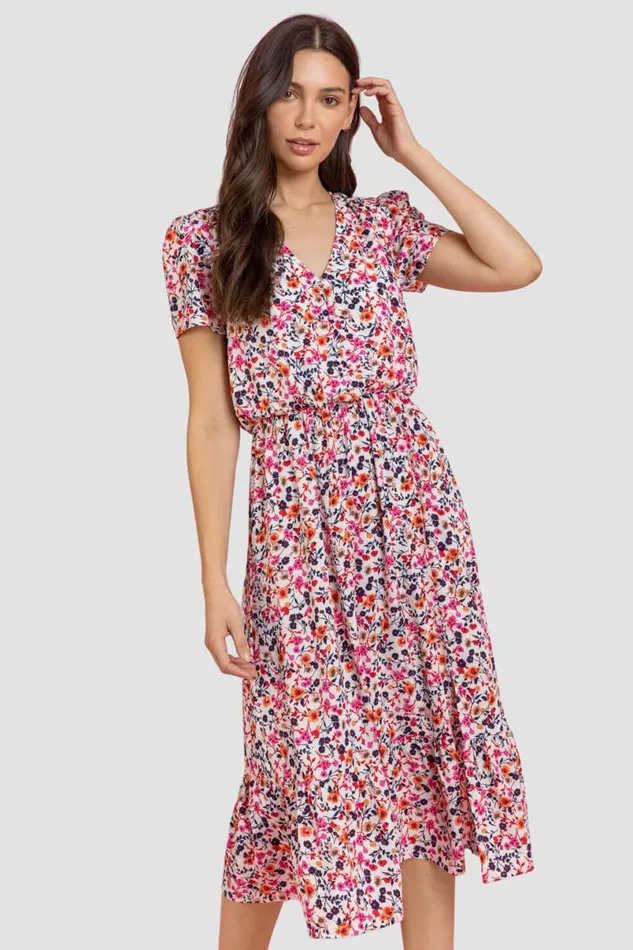 Pink Ditsy Floral Tiered Midi Dress Women Roman Dresses