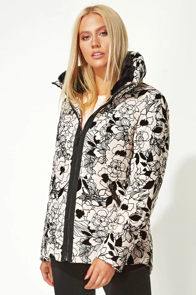 Pink Flocked Zip Through Padded Coat Women Roman Coats