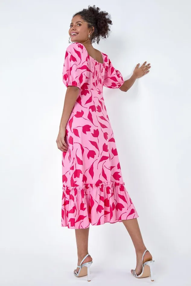 Pink Floral Print Chiffon Frill HemMidi Dress Women Roman Dresses