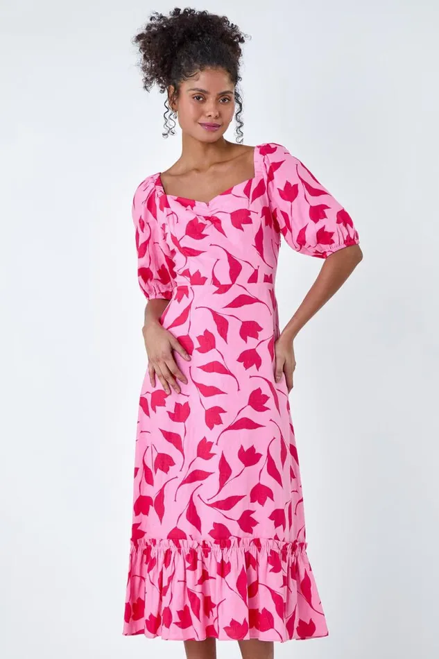 Pink Floral Print Chiffon Frill HemMidi Dress Women Roman Dresses