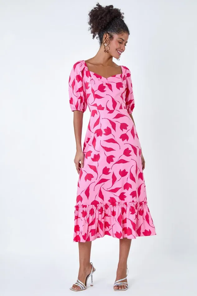 Pink Floral Print Chiffon Frill HemMidi Dress Women Roman Dresses