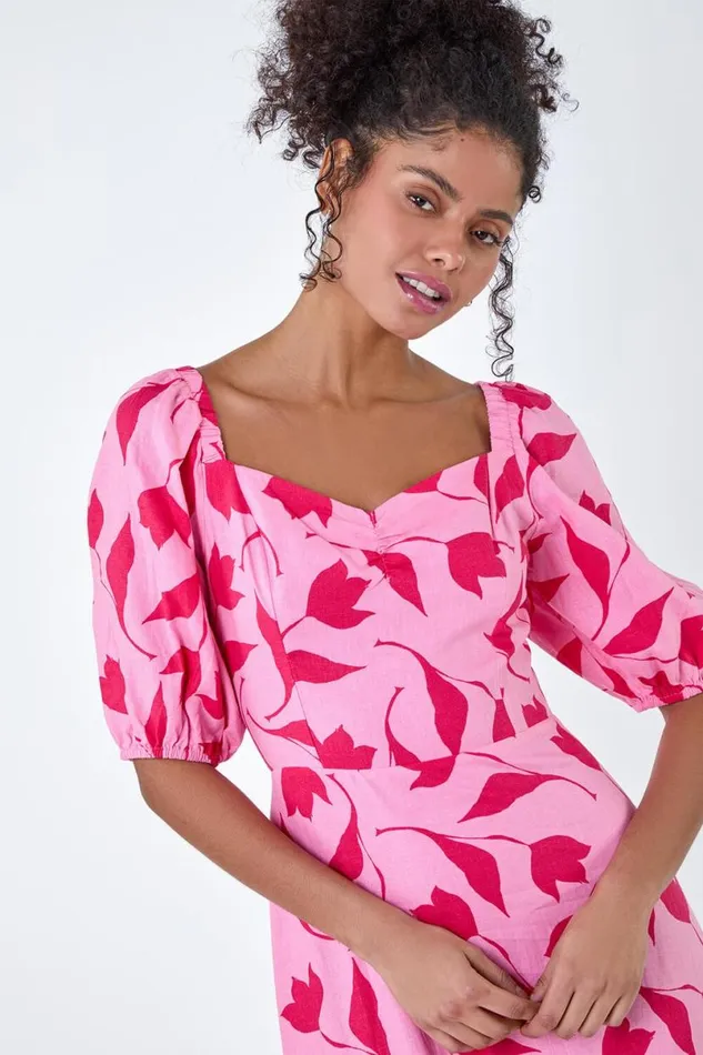 Pink Floral Print Chiffon Frill HemMidi Dress Women Roman Dresses