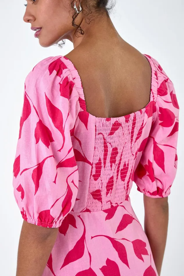 Pink Floral Print Chiffon Frill HemMidi Dress Women Roman Dresses